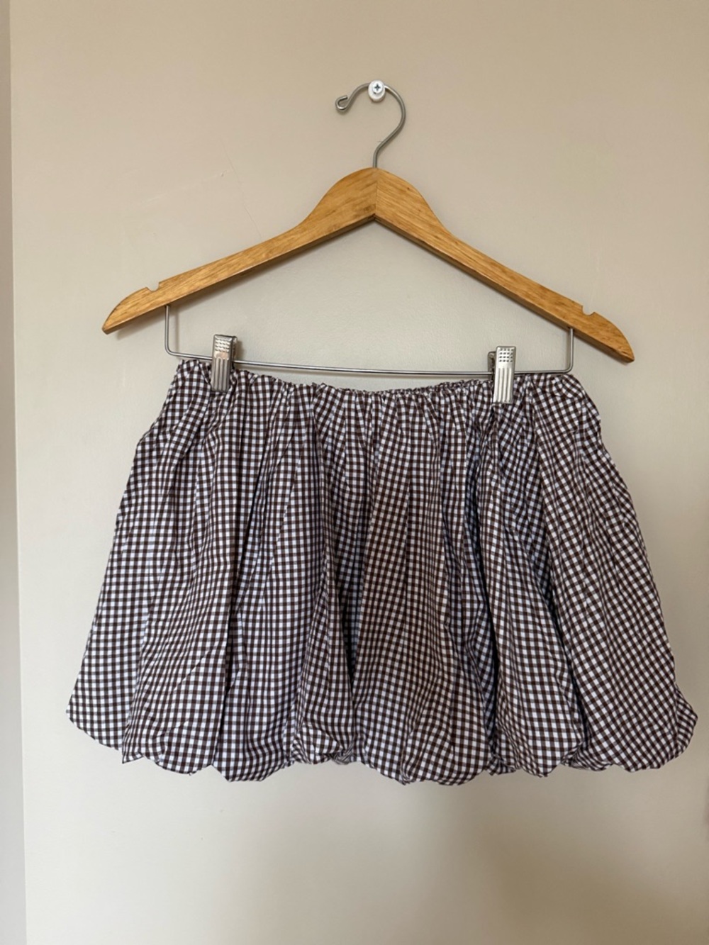 Gingham Bubble Mini Skirt - brown & White